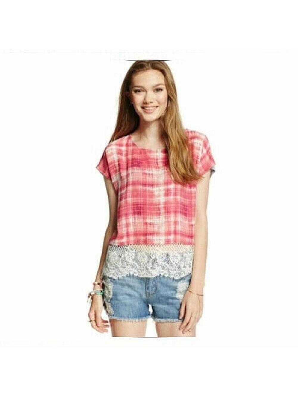 NWT Rewind Pink Painted Blouse Ivory Lace Trim Shirt Semi-Sheer Knit Top L